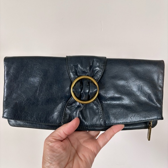 Hobo International Leather Fold Over Bow Clutch Dark Navy - Picture 16 of 16